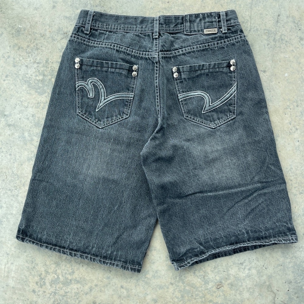 Mecca Y2K Denim Shorts Mens 32 Black Baggy Embroidered Classic Fit‎